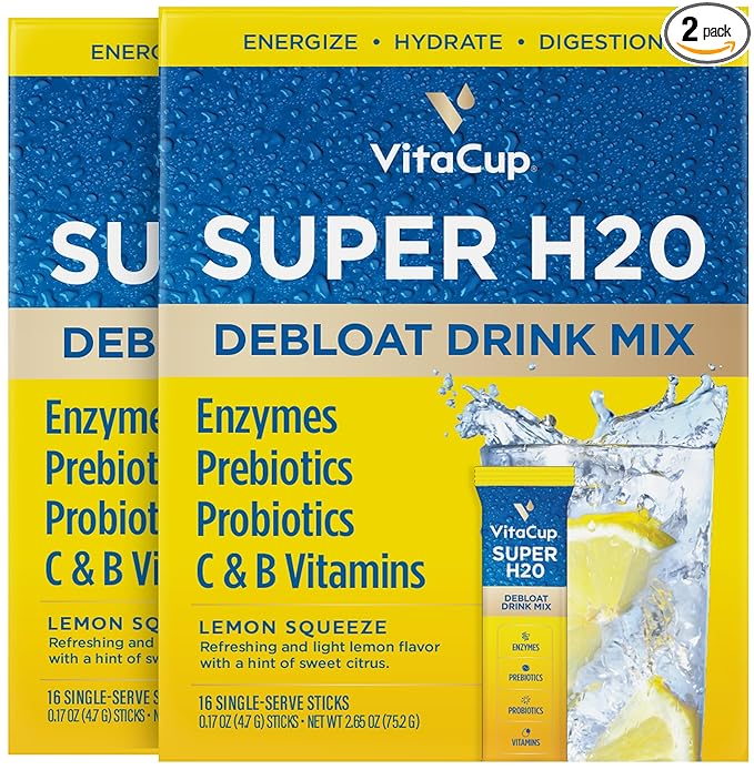 VitaCup Super H2O Bloating Relief and Digestive Health Drink Mix Packets, Probiotics, Prebiotics, C & B Vitamins, Lemon Flavor Water Enhancer Packets, 32 ct