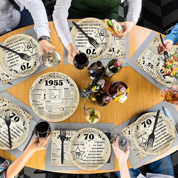 96Pcs Back in 1955 Birthday Plates and Napkins 70th Party Decorations Vintage 70 Year Old Party Dessert Plates 1955 Tableware for 24 Guests 70th Theme Men Women Birthday Supplies ??"<div>