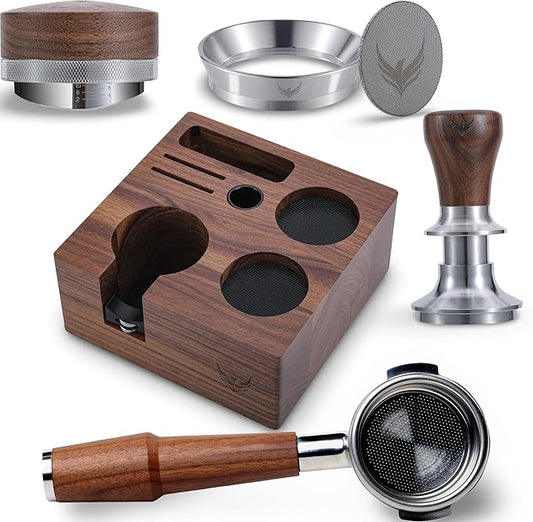 58mm Rocket Accessories Kit ??E61 Bottomless Portafilter, Espresso Tamper, Distributor, Tamping Station, Puck Screen & Funnel Premium Walnut Espresso Tools Barista Kit