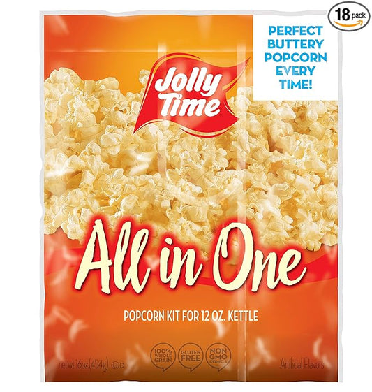 JOLLY TIME All in One Popcorn Kit, Portion Packets with Kernels, Oil and Salt for Movie Theater or Air Popper Machines (18 pack, 12oz Kettle)