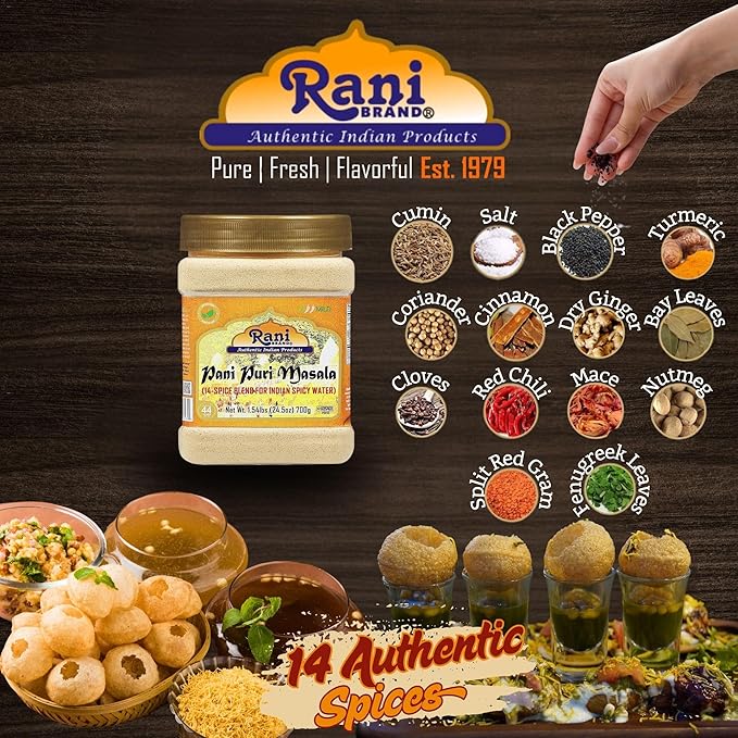 Rani Pani Puri Masala (14-Spice Blend for Indian Spicy Water) 24.5oz (1.54lbs) 700g PET Jar ~ All Natural | Vegan | No Colors | Gluten Friendly | NON-GMO | Kosher | Indian Origin, gol gappa