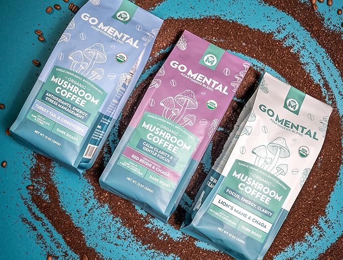 Organic Mushroom Coffee 3 Bag Gift Box Set, Lion's Mane & Chaga, Red Reishi & Chaga Decaffeinated, Turkey Tail & Cordyceps, Immune Support & Overall Wellbeing Dark Roast 36oz Ground