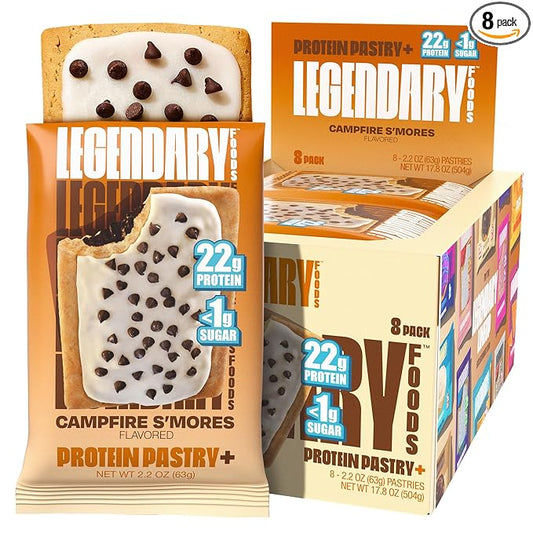 Legendary Foods 22g Protein Pastry+ S'mores Low Carb Meal Replacement Bar - Low Glycemic, Gluten Free Protien Snacks - Healthy Keto Snack Box, 8x Zero Sugar Energy Bars - Bariatric Diabetic Friendly