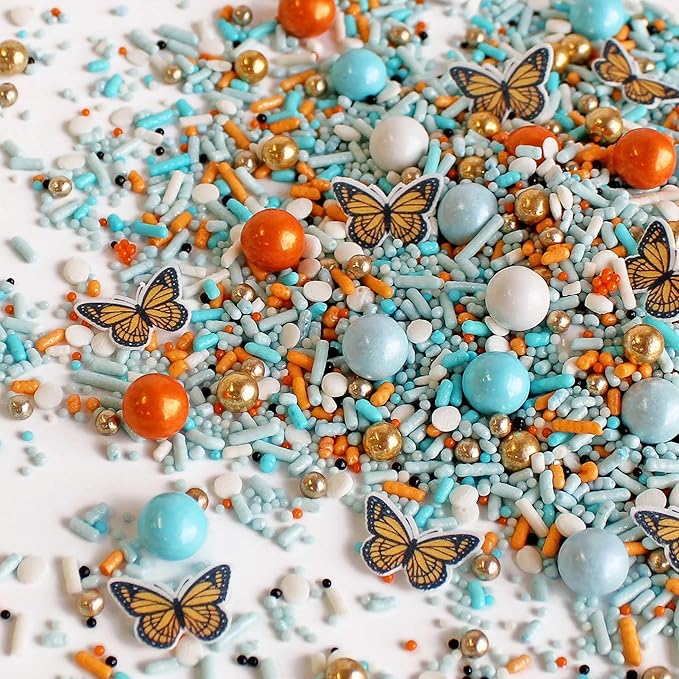 Sprinkle Pop Monarch Butterfly Sprinkle Mix| Blue Orange Sprinkles with ~10 Butterfly Wafer Paper and Gold Dragees| Decorating Sprinkles Made In USA for Mother?셲 Day Cupcakes Cakes Cookies Donuts, 2oz