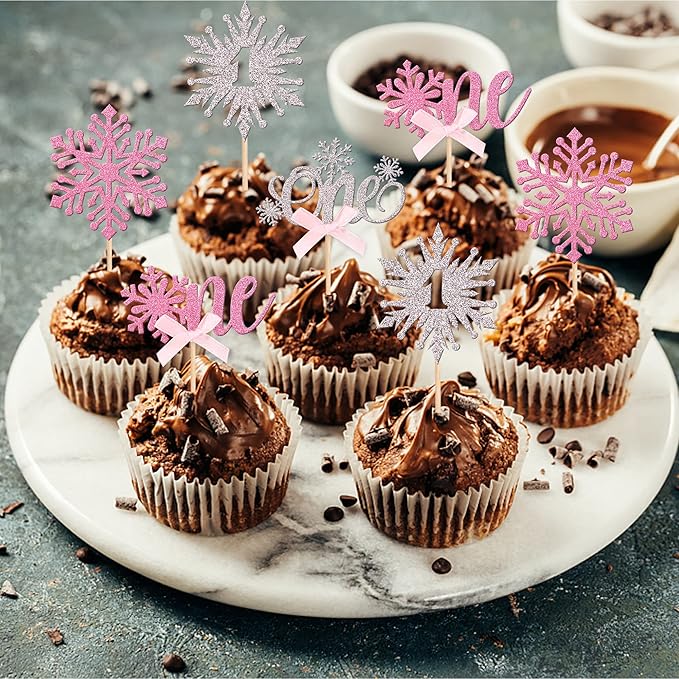 24 PCS Snowflake 1st Birthday Cupcake Toppers Glitter Bow First Birthday Snowflake One Cupcake Picks for Winter Onederland Theme Baby Shower 1st Birthday Party Cake Decorations Supplies Silver Pink