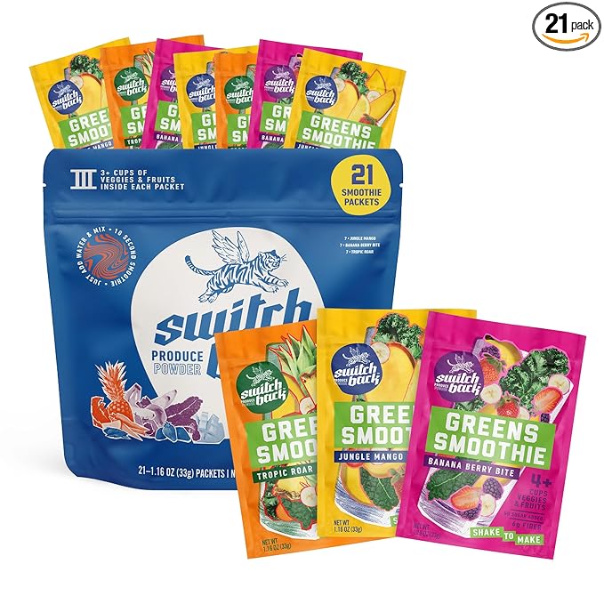 Switchback Greens Smoothie Powder, Gluten Free Mix for Water, Juice or Milk, Made with Real Fruit and Veggies, Green Drink for Energy Boost, Vegan, Plant Based, 4.5g Fiber, 21 Packets - Variety Pack