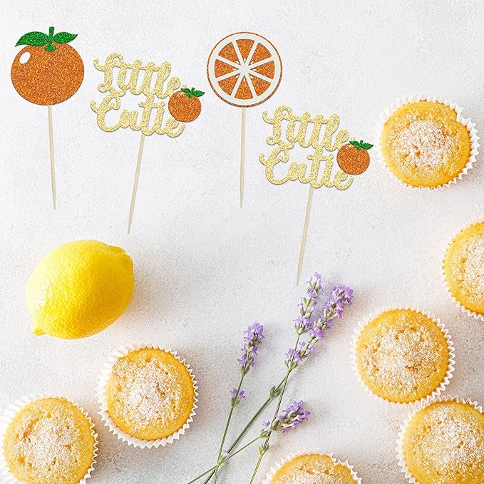 24Pcs Little Cutie Cupcake Toppers Glitter Orange Cupcake Picks Citrus Theme Baby Shower Decorations for Cutie Kids Birthday Party Tangerine Theme Baby Shower Fruit Party Supplies
