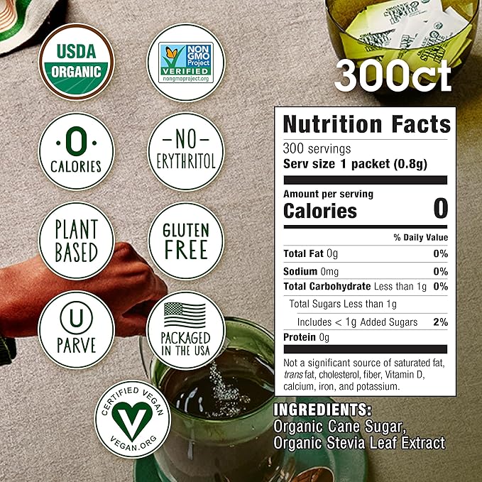 Stevia In The Raw Organic Stevia Sweetener Packets, 300 Ct, Zero Calorie Stevia Sugar Substitute Packets, No Erythritol or Artificial Flavors, USDA Organic, Non-GMO Project Verified, Vegan