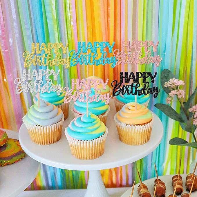 30 PCS Happy Birthday Cupcake Toppers Glitter Happy Birthday Cupcake Picks for Celebrating Birthday Anniversary Theme Party Cake Decorations Supplies Mixed 6 Colors