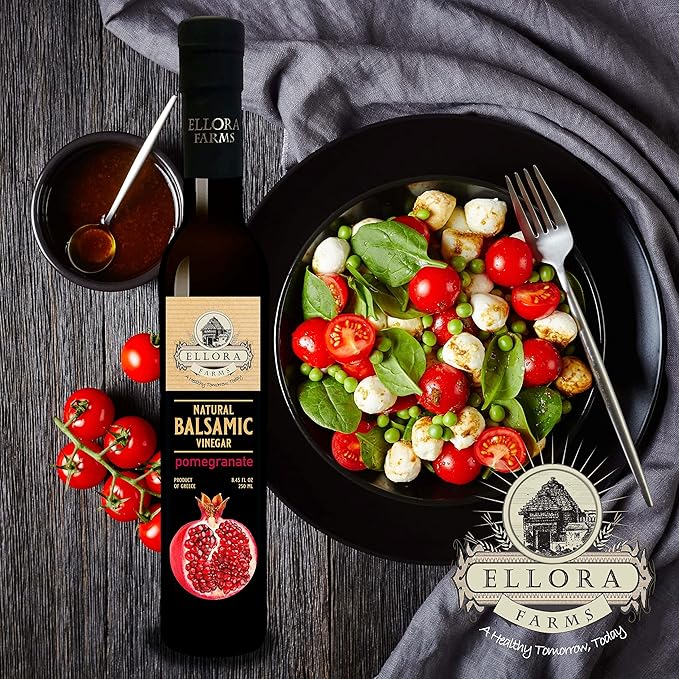 Ellora Farms, Pomegranate Infused Thick Aged Balsamic Vinegar, No-Added Sugar, No-Preservatives, Glass Bottle, 8.45 oz., Pack of 1