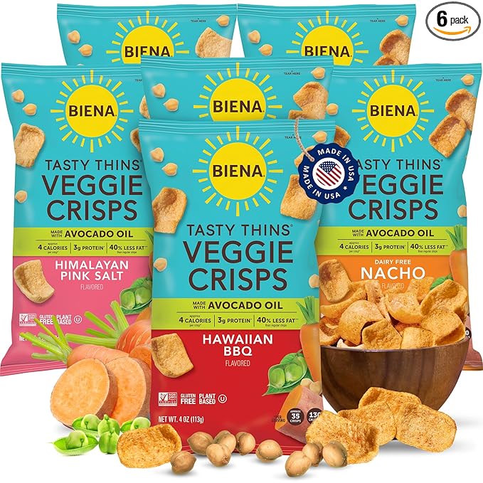 BIENA Tasty Thins Veggie Crisps - Low-Calorie Veggie Chips for Adults and Kids - Variety Pack (6x4-oz Bags) - Hawaiian BBQ, Himalayan Pink Salt, & Nacho