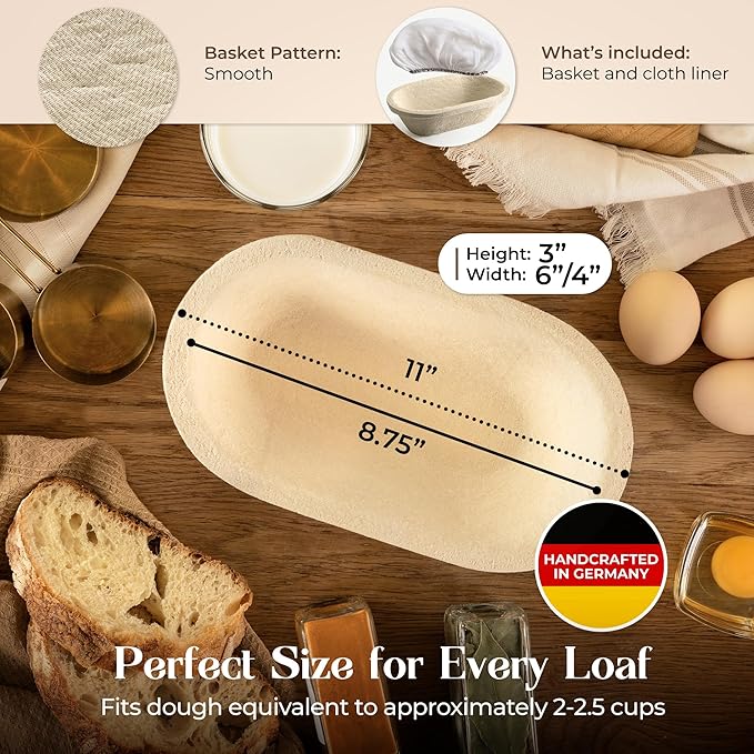 11" Oval Wood Pulp Banneton Bread Proofing Basket ??1.1LB Brotform, Smooth Surface ??Non-Stick Natural Wood Pulp Pressed for Durability??Made in Germany Proofing Baskets for Sourdough Bread Baking