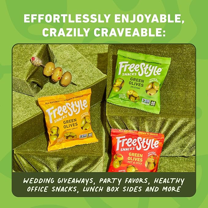 Freestyle Snacks Olive Snack Packs - Bulk Party Pack - Fresh Pitted Green Olives, Jumbo-Sized, Grown in Greece, All Natural, Non-GMO, Paleo, Sugar-Free, Keto - Original, 1.1oz Single Serves, 120-Pack