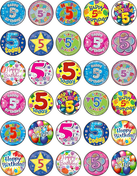 30 x Edible Cupcake Toppers Themed of Collection of Edible Cake Decorations | Uncut Edible on Wafer Sheet (5th Happy Birthday)