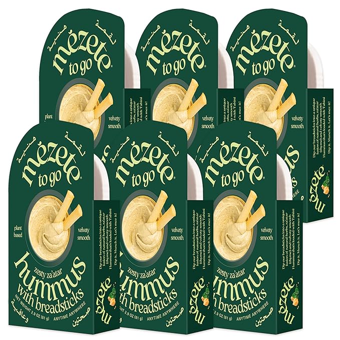Mezete Authentic Middle Eastern Snack Pack | Zesty Za'atar(Thyme) Hummus Dip with Breadsticks | All-Natural | On the Go Spread & Dip | No Preservatives | Gluten-Free | Shelf-Stable | 81g (Pack of 6)