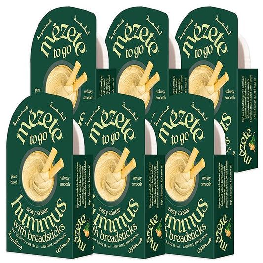 Mezete Authentic Middle Eastern Snack Pack | Zesty Za'atar(Thyme) Hummus Dip with Breadsticks | All-Natural | On the Go Spread & Dip | No Preservatives | Gluten-Free | Shelf-Stable | 81g (Pack of 6)
