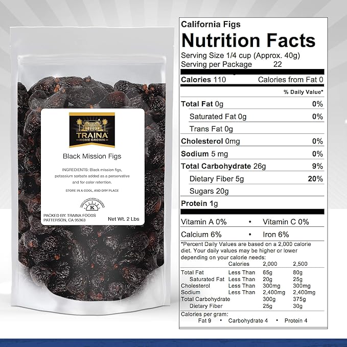 Traina Home Grown California Dried Whole Black Mission Figs - Healthy, No Added Sugar, Non GMO, Gluten Free, Kosher Certified, Vegan, Packed in Resealable Pouch (2 lbs)
