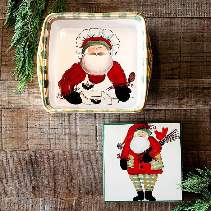 Vietri Old St. Nick Square Baker with Chef, Christmas Oven Baking Dish, 10" Square Earthenware Bake & Serve Pan, Multi-Color