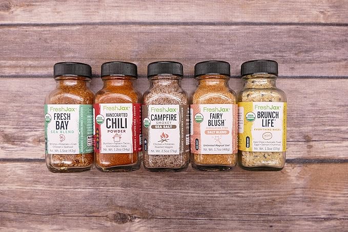 FreshJax Organic Camping Seasoning Gift Set ??5 Sampler Bottles for Grilling & Campfire Cooking ??Non-GMO, Gluten-Free, Keto ??Gourmet Spice Gift Box for Men, Dads, Outdoors & BBQ Lovers