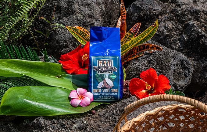 Ka'u Coffee Mill Handcrafted Coconut Caramel Crunch Flavored Coffee - Pure Kau Cafe from Hawaii Grown Arabica Beans - Gourmet Small Batch - 10oz