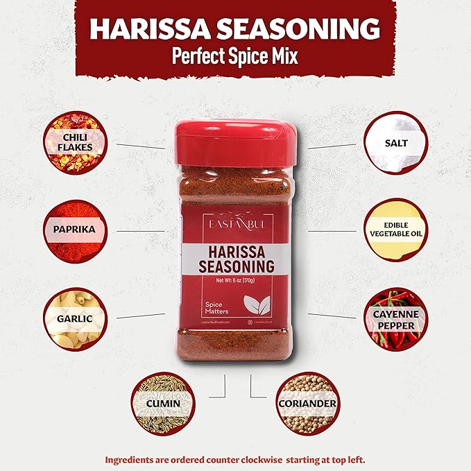 Eastanbul Harissa Seasoning, 6oz, Harissa, Asian Spices and Seasonings, Perfect Spice Blend with Chili Peppers, Paprika, Garlic, Cumin, Coriander, and Cayenne, Very Low Sodium, No MSG, No Filler