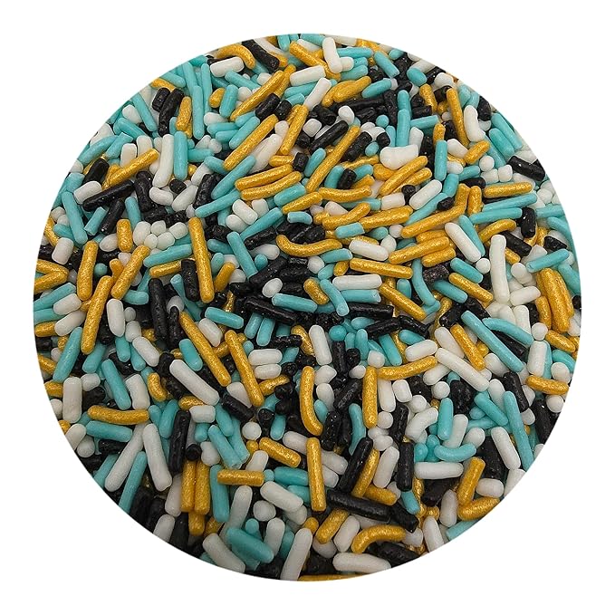 NCS Black, Gold, White and Light Teal Edible Jimmies Sprinkles, 8 ounces - Great for Cupcakes, Cookies, Cakes, Cakes Pops, Donuts