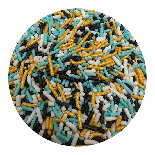 NCS Black, Gold, White and Light Teal Edible Jimmies Sprinkles, 8 ounces - Great for Cupcakes, Cookies, Cakes, Cakes Pops, Donuts