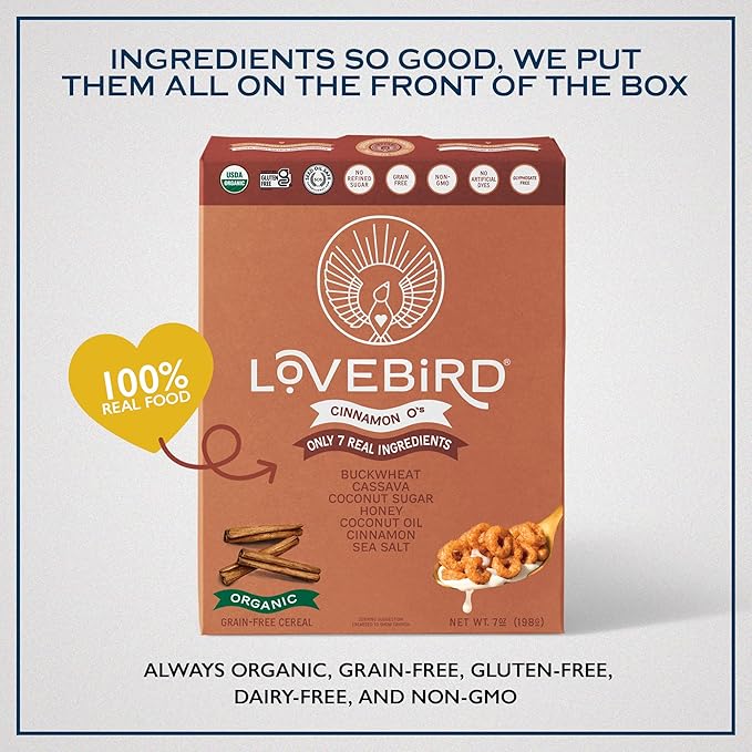 Lovebird Healthy Cereal That Actually Tastes Good - Organic & 100% Real Food, No Refined Sugar & Gluten Free Cereal, Paleo, Keto Friendly Healthy Snacks for Kids, Adults - [Cinnamon] [3-Pack]