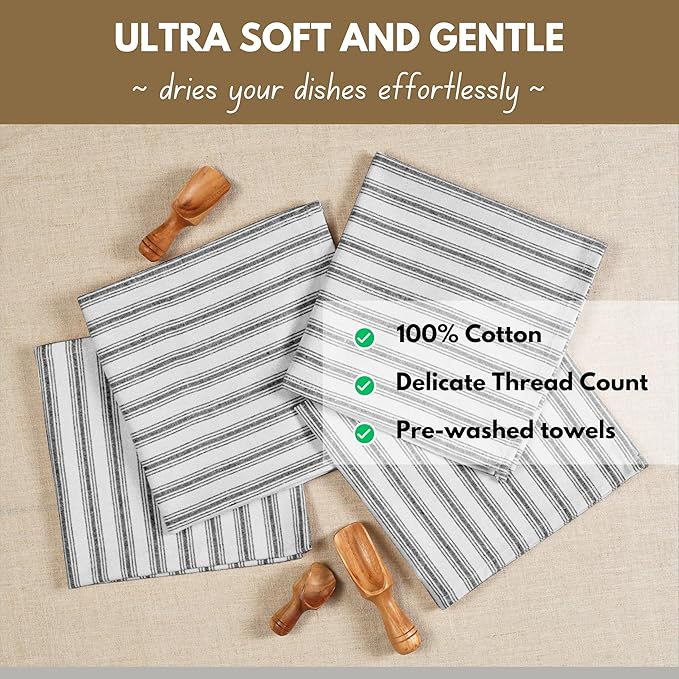 Native Fab 4 Pack Farmhouse Modern Stripe Kitchen Dish Towels Cotton Super Absorbent Quick Drying Reusable 18x26 Inches - Bar Hand Towels, Kitchen Cleaning Towels with Hanging Loop, Zaha Black