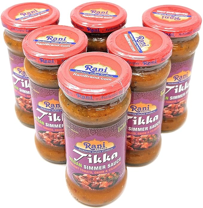 Rani Tikka Curry Vegan Simmer Sauce (Creamy Tomato, Onion & Cilantro) 14oz (400g) Glass Jar, Pack of 5 +1 FREE ~ Easy to Use | Vegan | No Colors | All Natural | NON-GMO | Gluten Free | Indian Origin