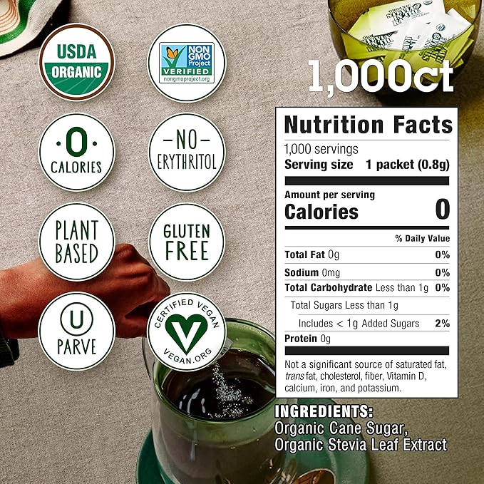 Stevia In The Raw Organic Stevia Sweetener Packets, 1,000 Ct, Zero Calorie Sugar Substitute Packets, No Erythritol or Artificial Flavors, USDA Organic, Non-GMO Project Verified, Vegan