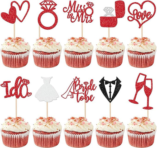 30 PCS Bride to Be Cupcake Toppers Glitter Miss to Mrs I Do Love Heart Ring Cupcake Picks Wedding Bridal Shower Cake Decorations for Wedding Engagement Bachelorette Party Supplies Red