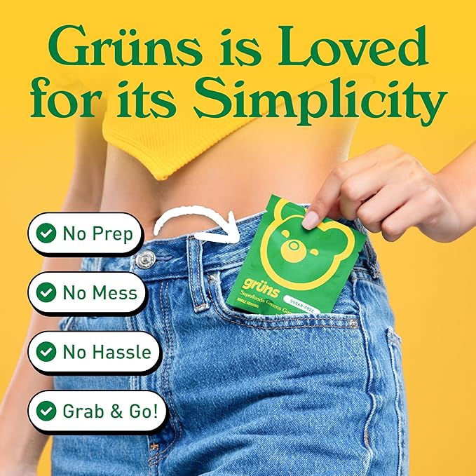 Gruns Adults Super Greens Gummies, Multivitamin Superfood Gummy Bears with Spirulina, Chlorella, Prebiotics & Fiber for Digestive Health, Adaptogens Supplement with 20 Vitamins & Minerals, 28 Count