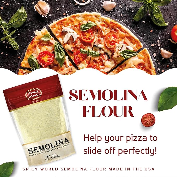 Spicy World Semolina Flour 3 LB (48 Ounce) | USA Grown Semolina for Pizza, for Pasta, and Bread Making | Fine Ground, Bulk Yellow Durum Semola Flour for Pizza Peel