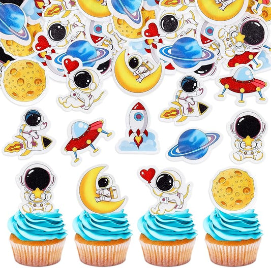 40Pcs Edible Outer Space Cupcake Toppers Space Astronaut Cupcake Picks Rocket Planet Trip to the Moon Cake Decoration for Outer Space Astronaut Theme Baby Shower Birthday Party Decorations