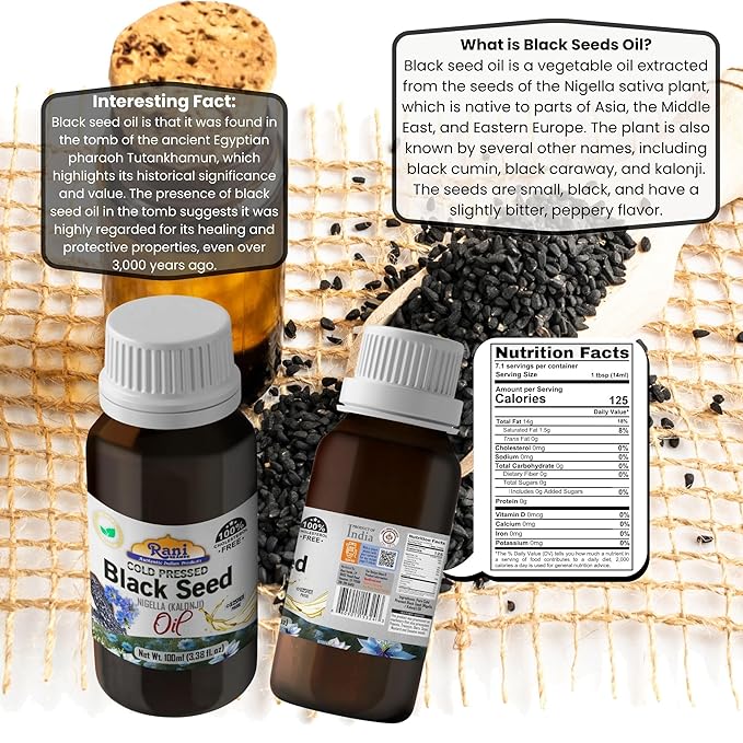 Rani Pure Black Seed (Nigella, Kalonji) Oil 3.38 Fl oz (100ml) Cold Pressed ~ 100% Cholesterol Free | All Natural | Gluten Free | NON-GMO | Kosher | Vegan | Indian Origin