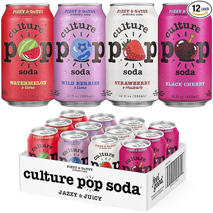 Culture Pop Soda, Jazzy & Juicy Variety Pack, Probiotic Low Sugar Soda, Sparkling Juice Alternative, Non-GMO, Kosher, Gluten-Free, No Stevia (12pk)