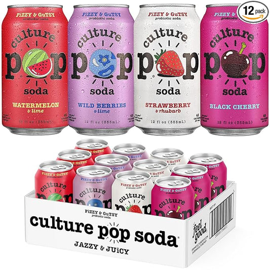 Culture Pop Soda, Jazzy & Juicy Variety Pack, Probiotic Low Sugar Soda, Sparkling Juice Alternative, Non-GMO, Kosher, Gluten-Free, No Stevia (12pk)