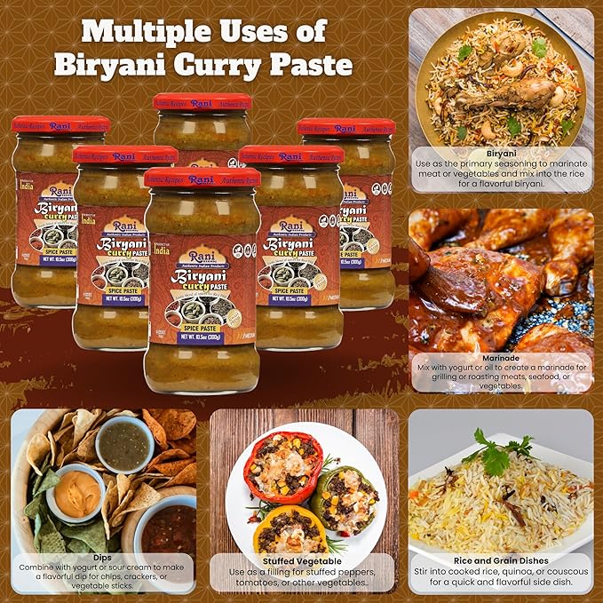 Rani Biryani Masala Curry Paste (Cooking Spice Paste for Indian Rice Dishes, Pullao/Pilau) 10.5oz (300g) Glass Jar, Pack of 5+1 FREE ~ All Natural | Vegan | No Colors | Gluten Free | NON-GMO