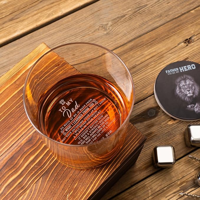 To Dad - Whiskey Rocks Glass, 14.2 Oz Old Fashioned Glasses for Dad, Unique Father's Day Gift Idea