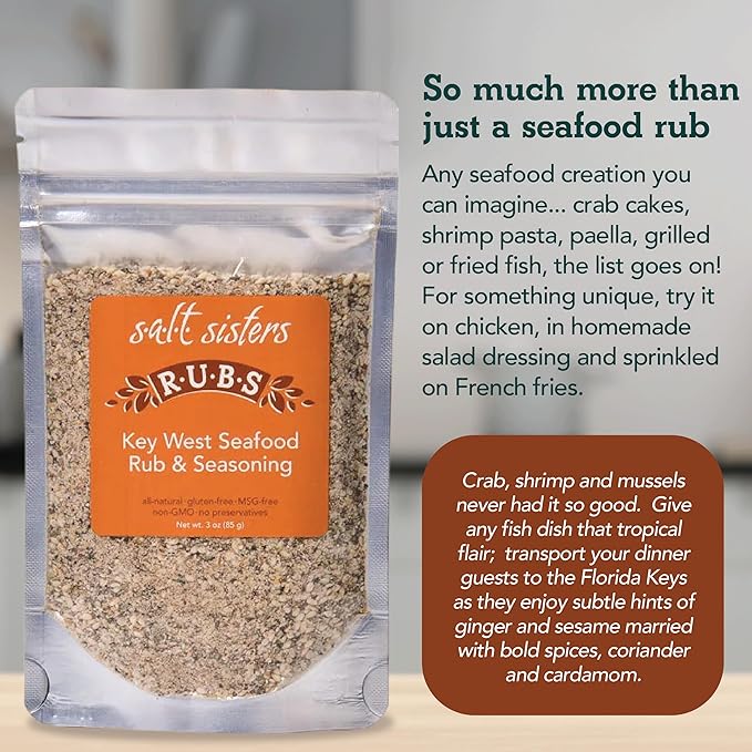 s.a.l.t. sisters Key West Seafood Rub & Seasoning | All-Natural, Gluten Free, MSG Free, Non-GMO | Dry & Wet Rub Seasoning Base | Versatile Use for Chicken Wings, Brisket, Pulled Pork, and More | 6oz