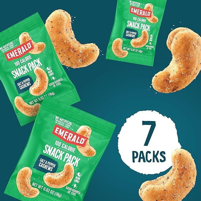 Emerald Nuts Salt and Pepper Seasoned Cashews 7ct (1-Pack), 100-Calorie Individual Packs, Kosher Certified, Non-GMO, Contains No Artificial Preservatives, Flavors or Synthetic Colors
