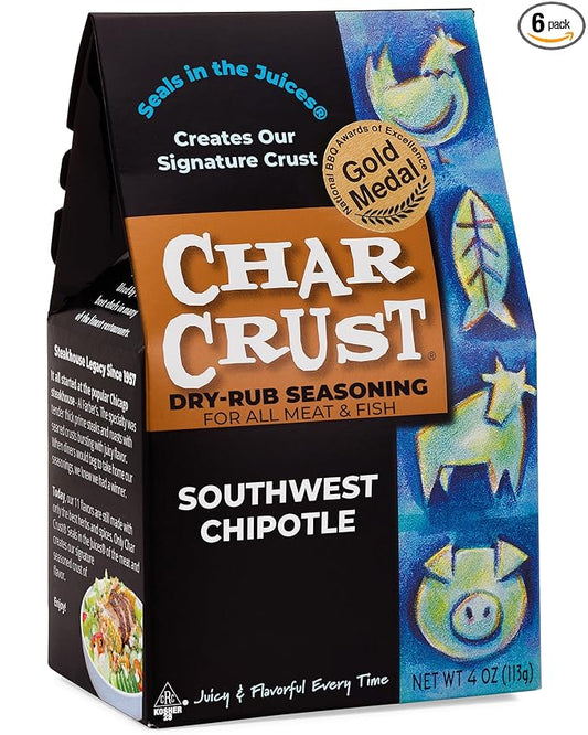 Char Crust Dry-Rub Seasonings Southwest Chipotle | All-in-one seasonings | Perfect for Chicken, Fish, Burgers, Steak, Wings | Signature Crust that Seals in the Juices, 4 Ounce (Pack of 6)