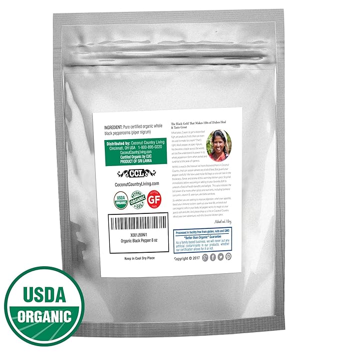 Coconut Country Living's organic Whole Black Peppercorns - Fair Trade Premium Peppercorns for Grinder Refill - No Contact w/Gluten, Soy, Peanuts, GMO, etc - Complimentary eBook - 8 oz