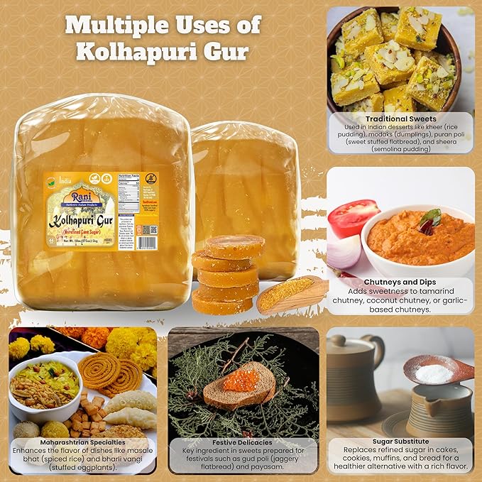 Rani Kolhapuri Gur (Jaggery) 175oz (11lbs) 5kg ~ Unrefined Cane Sugar, No Color added, Gluten Friendly | Vegan | NON-GMO | Kosher | No Salt or fillers