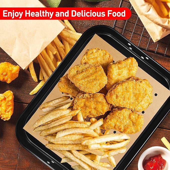 Air Fryer Liners Disposable, Parchment Paper for Baking, 100 Pcs 11 x 9 inch Unbleached Parchment Paper Sheets, Perforated Rectangular Baking Papers, HOFHTD Nonstick Air Fryer Accessories