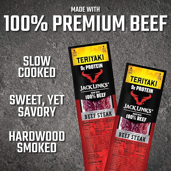 Jack Link's Beef Steak, Teriyaki - Protein Snacks, Meat Snack with 9g of Protein, Made with 100% Beef, Individually Wrapped Bulk Snack Pack, Keto Friendly - 1 Oz. (12 Count)
