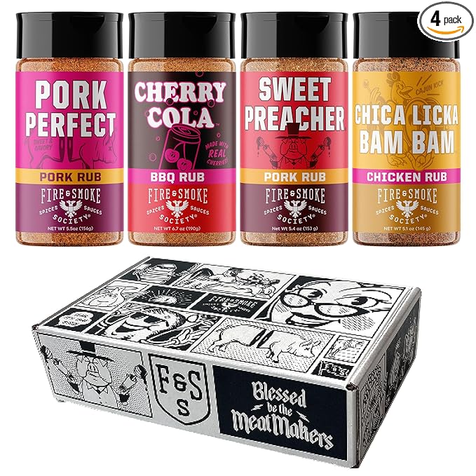 Fire & Smoke Society Barbecue & Grilling Variety Pack | BBQ Seasonings and Rubs for Smoking | Gifts for Him, Father's Day Gifts for Dad | Large Spices Bbq Spice Kit (4-Pack)