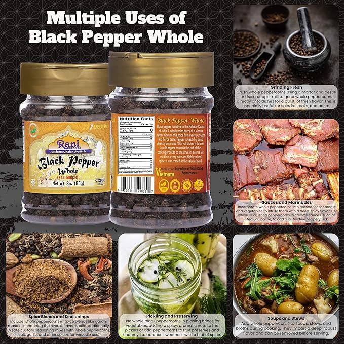 Rani Black Pepper Whole (Peppercorns), Premium MG-1 Grade 3oz (85g) PET Jar ~ All Natural | Gluten Friendly | Non-GMO | Kosher | Product of Vietnam | Perfect size for Grinders!