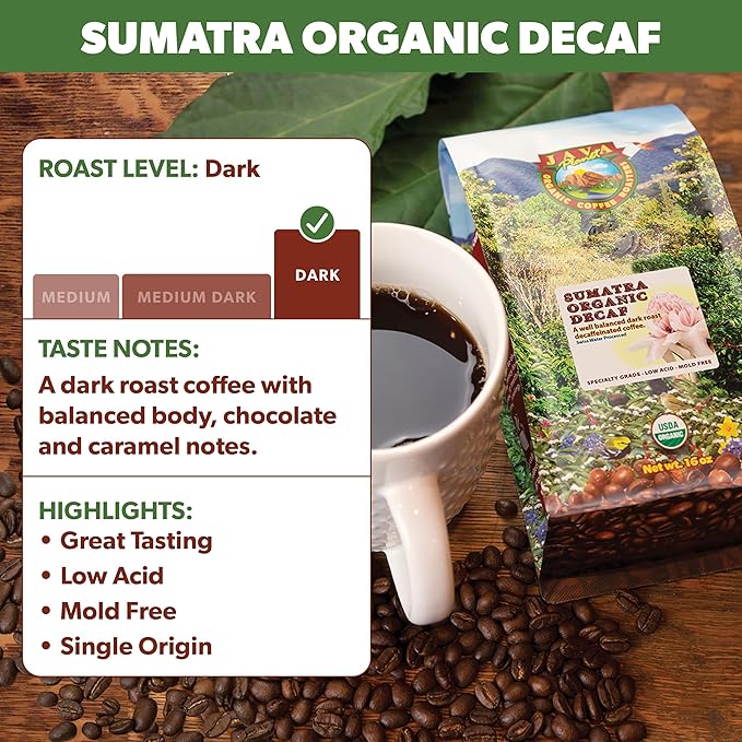 Low Acid Organic Coffee ??Whole Bean, Mold-Free & Stomach Friendly by Java Planet, Sumatran Single Origin Decaf Coffee, Dark Roast, Smooth Full Flavored, 1LB Bag